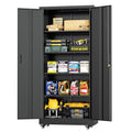 INTERGREAT Metal Storage Cabinet with Wheels, 73" H Rolling Metal Cabinets with Doors and Shelves, Black Steel Lockable Cabinet on Wheels for Garage Storage