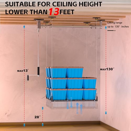 Soywey Garage Ceiling Storage Racks,4x4 FT Garage Storage Lift with Secure Lock,Heavyweight Overhead Rack for Easy Up Down,Industrial Elevator System Holds 400 Lbs