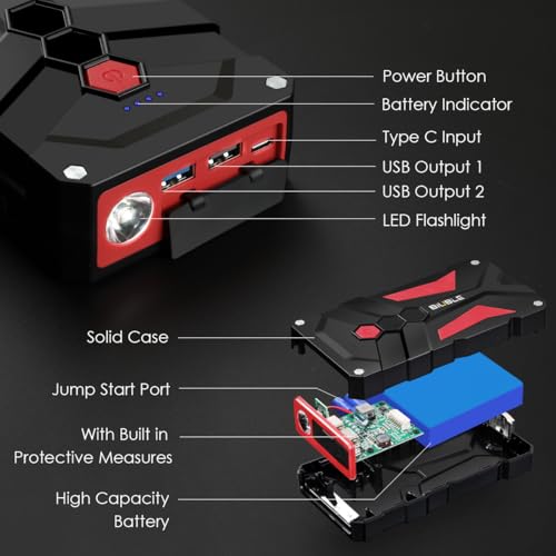 BIUBLE Jump Starter Car Jump Starter Auto Battery Booster Pack 5000A Peak 12V with USB-C Quick Charge,Lithium Jump Box with LED Light(Up to 7.0L Gas or 5.5L Diesel Engine)