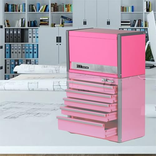 P.I.T. Mini Tool Box 8.6"W X 4.6"D, Portable 3 Drawer Steel Stackable Pink Tool Box with Magnetic Tab Locking, Pink Micro Top Chest with Liner for Tools Storage and Organizers, Home DIY