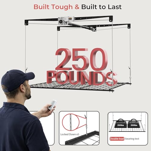 KOKORACKER Motorized Garage Ceiling Storage Racks with Remote Control, 4x4 FT Overhead Garage Storage Rack, Heavy-Duty Lift Storage System, Space-Saving Hanging Shelves, 250 Lbs Capacity