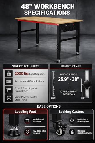 VekMax 48" Workbench with Feet, Adjustable Height Workbench with Power Strip & Pegboard, 2000LBS Load Capacity Solid Wood Top Work Table with Reinforced Steel Frame for Garage, Workshop, Office, Home