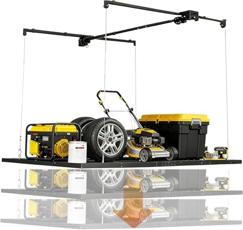 KIPPDURO 4×8 ft Heavy Duty Overhead Garage Storage Rack, 661 lbs Capacity with Safety Lock,Ceiling Mounted Storage Shelf, Steel Garage Ceiling Organizer for Garage, Basement, Warehouse (Black)