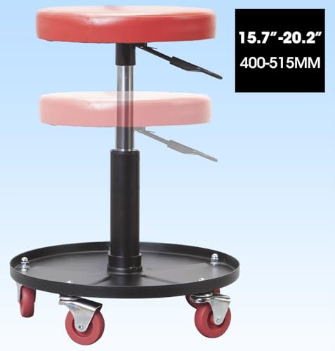 Big RED Creeper Garage/Shop Seat: Heavy Duty Rolling Pneumatic Padded Adjustable Mechanic Stool with Tool Tray Storage, Red Large