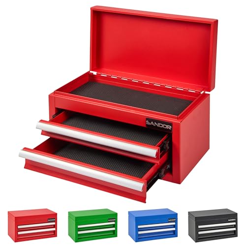 Mini Tool Box - Metal Tool Chest with 2 Drawers & PVC Drawer Liners for Workbench or Desk, Powder-Coated Steel Small Toolbox - Multi-Purpose Storage for Machinists Tools, DIY, 3D Printer Parts - Red
