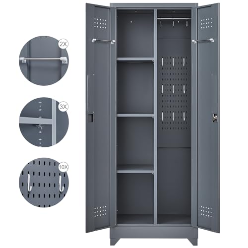 FLEXIMOUNTS 65'' Tall Metal Storage Cabinet with Locking Door, Large Cleaning Tool Organizer for Brooms, Garage, Laundry Room, Bathroom, Dark Grey