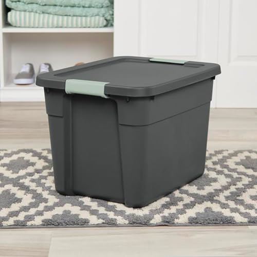 Sterilite 24 Pack Latch Tote, Stackable Plastic Storage Container, 12 Gallon, Gray/Green