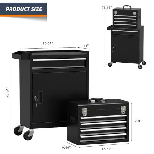 Granper 5-Drawer High Capacity Rolling Tool Box, Removable Cabinet Storage Tool Chest with Wheels and Drawers, Detachable Toolbox with Lock for Mechanics Garage Workshop and Tool Room (Black)