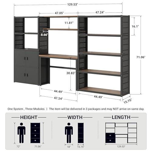FLEXIMOUNTS Garage Storage Cabinet System, 3-in-1 Modular Metal Tool Cabinet w/ Workbench and Particle Board Shelf Includes Pegboard, 24-Gauge Steel, 129"(L) w/ 2 Doors, Black, FLEXIMOD Series
