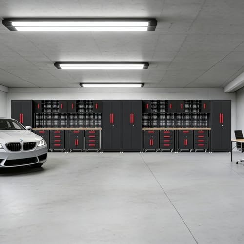 Tsnritor 24Pcs Garage Cabinet Storage System, Heavy Duty Workshop Set Includes Workbench, Pegboard & Lockable Drawers Metal Tool Organization System for Garage Workshop
