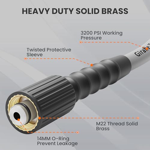 Giraffe Tools Pressure Washer Hose 50FT 1/4", 3200 PSI Power Washer Hose for Replacement, Kink Resistant High Pressure Washing Hose Extension with M22-14mm Fittings, 2 Quick Connectors
