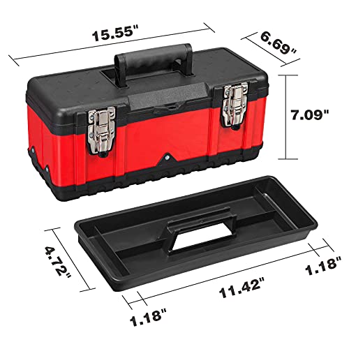 Jack Boss Steel Tool Box 15.5 Inch Small Portable Tool Organizer Box with Built-in Short Non-slip Handle Car Box with Removable tray