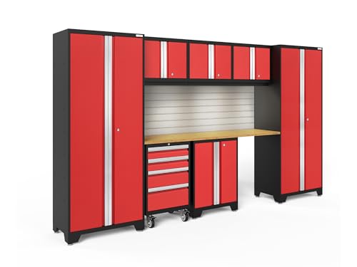 ‎NewAge Products Garage Storage Cabinet Bold 8 PC Set Red Include LED Lights, Slatwall Backsplash, Worktops, 2 x Multi-Use Lockers, 3 x Wall, Two-Door Base and Rolling Tool Drawer Cabinets, 56246