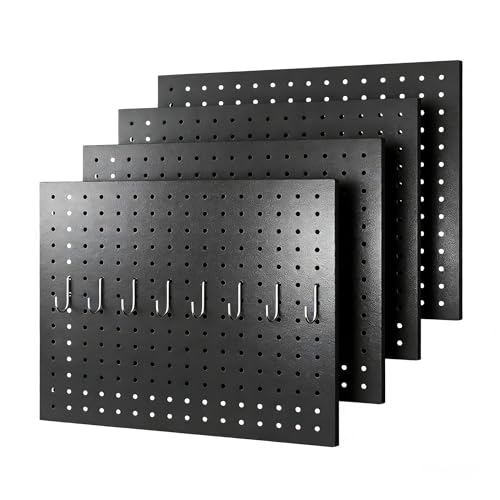 GEDELITE 4-Pack Heavy-Duty Metal Pegboard Organizer Kit - 16"x12" Black Steel Wall Control Panels with 8 Hooks for Garage Tools, Craft Rooms, and Home Office Storage