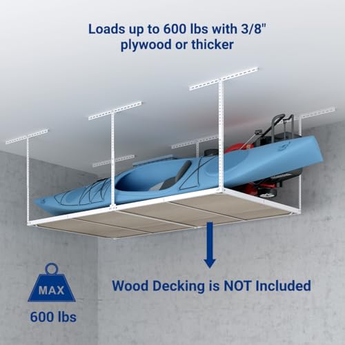 FLEXIMOUNTS 4x8 Overhead Garage Storage Rack without Decking,plus 2-Pack Add-On Storage Utility Hook Accessory,600lbs Weight Capacity, White