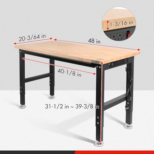 WORKPRO 48" Adjustable Workbench, Rubber Wood Top Heavy-Duty Workstation, 2000 LBS Load Capacity Hardwood Worktable with Power Outlets, for Workshop, Garage