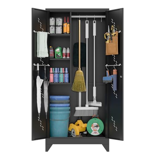 YILFANA 75" Metal Storage Cabinet with Lockable Doors, Functional Garage Storage Cabinets, Heavy-Duty Tool Organization Cabinet with Hanging Rod & S-Hooks (75" Utility Closet)