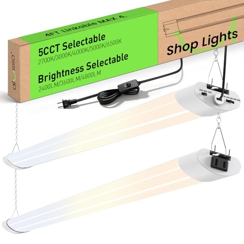 ALUSSO® LED Shop Lights 4FT for Garage, 4800LM Adjustable 20W/30W/40W, 5CCT 2700K 3000K 4000K 5000K 6500K, 120V, Warm to Cool Daylight Linkable Shop Lights for Workshop, ETL, 2 Pack