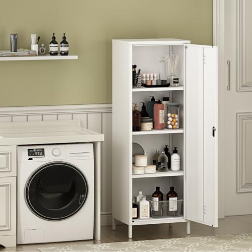 Steehoom Metal Locker Cabinet with Lock, Lockable Steel File Locker with Door and 3 Adjustable Narrow Storage Cabinet Shelves for Living Room, School, Pantry, Garage, Office (White, H59.06'')