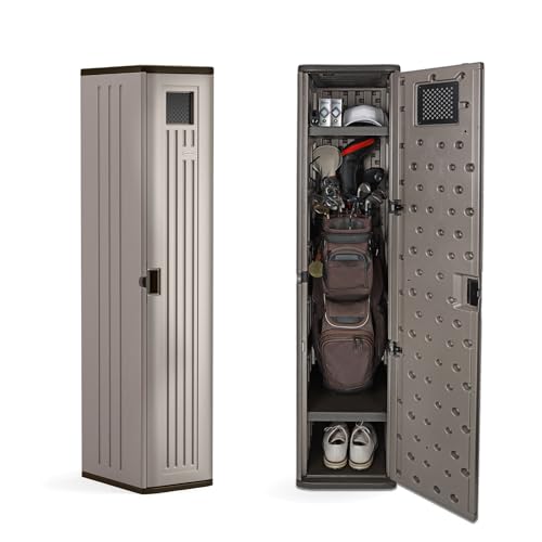 Suncast Garage and Golf Storage Organizer – Golf Rack and Bag Storage, Hall Tree with Shoe Cubby, Heavy-Duty Resin Locker Cabinet with Adjustable Shelves, Lockable, for Golf Equipment, Made in the USA