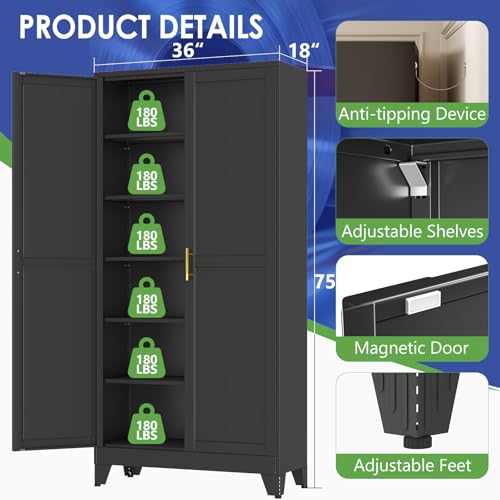 AUEYTVR 75" Metal Garage Storage Cabinet with 2 Doors and 5 Adjustable Shelves,Metal Storage Cabinets,Steel Tool Cabinets for Home,Office,Garage,Warehouse (Black, 75''H x 36''W x 18''D)
