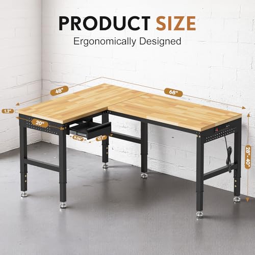 MUWOOD 96”L-Shaped Heavy Duty Work Bench, Heights Adjustable Workbench, 5000 LBS Load Capacity, Work Benches for Garage with Power Outlet & Pegboard, Rubber Wood Work Table for Office, Workshop, Home