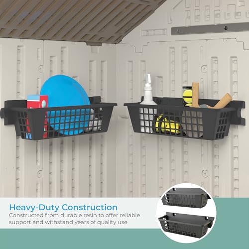 Suncast 2 Pack 25” x 7.25” Basket Accessory for Outdoor Shed Bundled with Vertical Shed 2 Shelf Kit, Space Saving Wall Mount Storage, Black