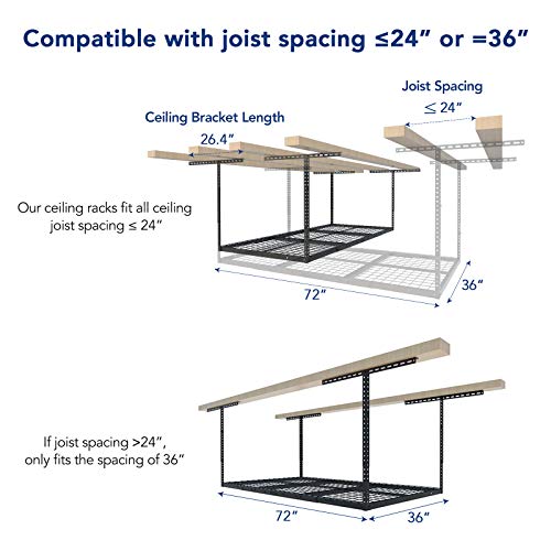 FLEXIMOUNTS Garage Storage Bundle – 2-Pack 2x4ft Wall Mounted Floating Shelves 24"x48"& 3x6ft Adjustable Overhead Ceiling Rack 72"x36"x40", 450lbs Capacity, Black