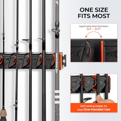 KastKing GravityLock Fishing Rod Holder, V8 & V9 2-Pack Wall Mounted Fishing Rod Rack, Holds up to 17 Fishing Rods or Combos, Universal Rod Storage System, Heavy-Duty Grip, Built-in Line Spooler