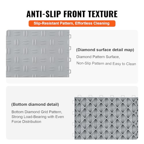 VEVOR Garage Floor Tiles 12 x 12 x 0.53 inch, Interlocking Design Ease of Installation Double-Sided Texture Non-Slip Sturdiness, for Garages, Basements, Repair Shops, Silver, 50 Pack