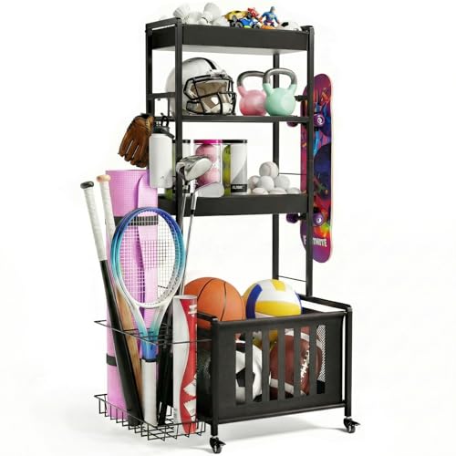 Faesun Sports Equipment Organizer, Ball Storage Rack for Garage, 4-Tier Indoor/Outdoor Rolling Ball Carts with Wheels for Toy Sports Gear Storage, Black