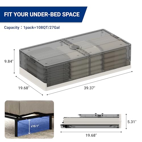 FLEXIMOUNTS 2-Pack Under Bed Storage with Wheels, 108 QT Large Collapsible & Stackable Containers, Foldable Organizer Bins for Blankets, Shoes, Books, Bedroom Closet