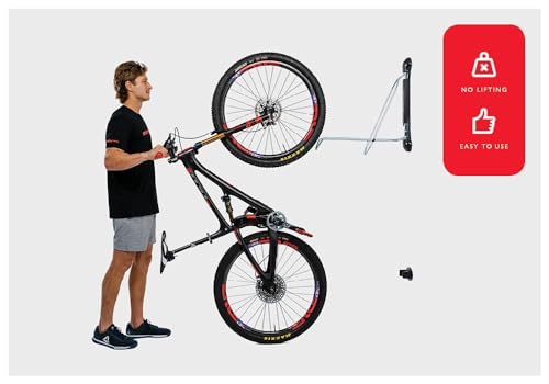 Steadyrack Bike Rack – Pivoting Mountain Bike Rack, Holds Up to 77 lbs, Fits 24"-29" Wheels, 2.1"-2.8" Tires, Foldable Wall Mount for Space-Saving Bicycle Storage