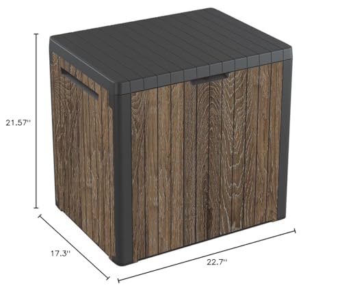 Keter Signature Everwood 30 Gallon Resin Outdoor Storage Box and Patio Furniture Side Table for Pool and Garden Accessories, Walnut