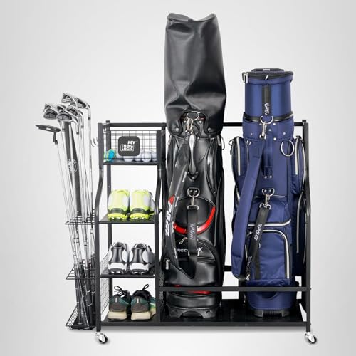Mythinglogic Golf Storage Garage Organizer,Golf Bag Storage Stand and Other Golfing Equipment Rack,Extra Large Design for Golf Clubs Accessories,2 golf bag rack