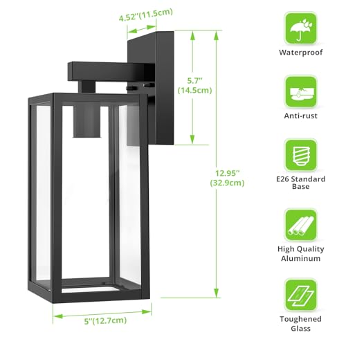 MAXvolador Outdoor Wall Sconce, Exterior Waterproof Wall Lantern Light Fixtures, Black Porch Lights with Toughened Glass Shade, Anti-Rust E26 Socket Front Door Mount Lighting, 2 Pack