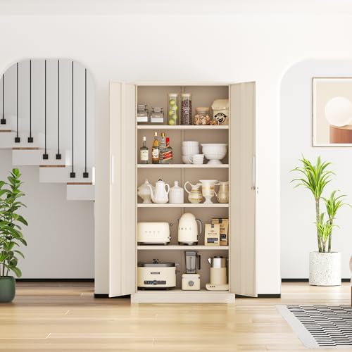 SUNCROWN Metal Storage Cabinets with Lock, Tool Cabinet, 72" Locking Steel Storage, Tall Locker Organizer Garage Cabinets with 2 Doors and 4 Shelves for Home,Office,Warehouse,Garage,School(Warm Grey)