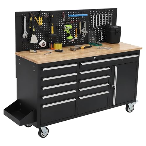 Garvee Rolling Tool Chest, 61 in Garage 10 Drawers Workbench Storage Tool Cabinet with Solid Rubber Wood Top, Power Strip, 1675 LBS Load Mobile Workstation, Heavy Duty Rolling Cabinet, Black