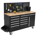 Garvee Rolling Tool Chest, 61 in Garage 10 Drawers Workbench Storage Tool Cabinet with Solid Rubber Wood Top, Power Strip, 1675 LBS Load Mobile Workstation, Heavy Duty Rolling Cabinet, Black