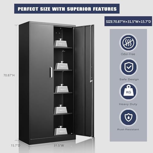Guizeeopo Metal Storage Cabinet with Adjustable Shelves, Garage Storage Cabinets with Doors and Shelves, File Cabinets for Home Office, Kitchen Pantry Cabinet, 71'H, Black