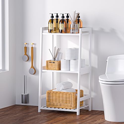 POXAKA 3 Tier Bamboo Bathroom Shelves, Ladder Shelf for Storage, Rustic Home Organizer, Space-Saving Design, Stylish Display Nightstand, Stylish Storage Solution for Home, Living Room, Kitchen