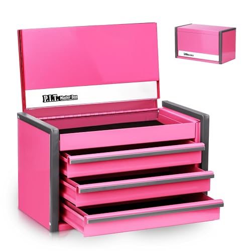 P.I.T. Mini Tool Box 8.6"W X 4.6"D, Portable 3 Drawer Steel Stackable Pink Tool Box with Magnetic Tab Locking, Pink Micro Top Chest with Liner for Tools Storage and Organizers, Home DIY