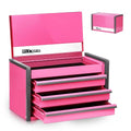 P.I.T. Mini Tool Box 8.6"W X 4.6"D, Portable 3 Drawer Steel Stackable Pink Tool Box with Magnetic Tab Locking, Pink Micro Top Chest with Liner for Tools Storage and Organizers, Home DIY