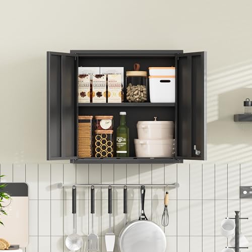 Garage Wall Cabinet, Metal Garage Cabinets with 2 Doors and Adjustable Shelf, Lockable Floating Tool Cabinet with Pegboard, Black Steel Wall Mounted Tool Cabinets for Kitchen,Office,Laundry,Warehouse