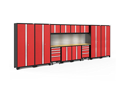 ‎‎‎‎NewAge Products Garage Cabinet Bold Series 14 PC Set Red (48" Bamboo Worktops, Backsplash Kit, LED Lights, 2 Rolling Tool Drawer, 2 Two-Door Base, 4 Wall Cabinets, 4 Multi-Use Lockers), 56479