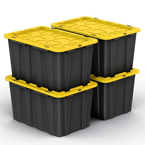 4 PACK of 17 Gallon Large Black & Yellow Storage Bins | Plastic Tote Organizing Container with Secure Latching Lids, Stackable, Extra Strength with Built in Handle | 24.5" x 16.5" x 13.5"