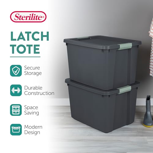 Sterilite 12 Pack 20 Gallon Latch Tote, Stackable Plastic Storage Bin Container, Gray/Green