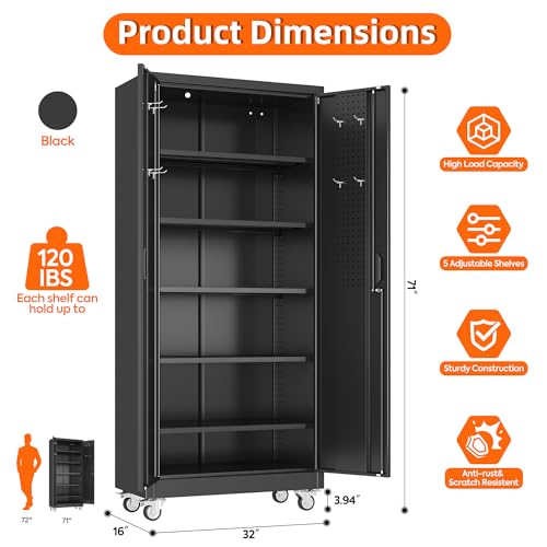 SUXXAN Metal Storage Cabinet with Wheels and Pegboard, 71" Tall Industrial Heavy Duty Steel Cabinet with 5 Adjustable Shelves & Locking Doors for Garage, Office, Pantry, Warehouse, Black
