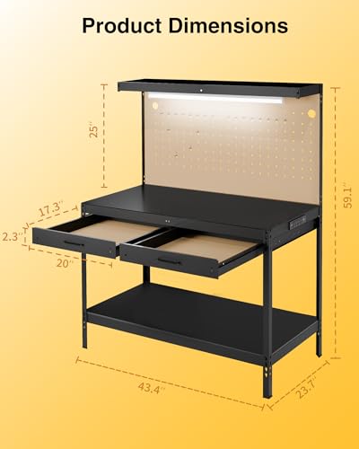 Pterying Work Benches for Garage, Heavy Duty Workbench with Drawers, Lights, Pegboard & 12 Hooks, 600LBS Capacity, Suitable for Tool Organizers and Storage for Workshop, Basement, Garden
