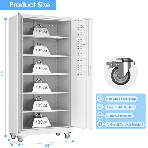 SUXXAN Metal Garage Storage Cabinet with Wheels and Pegboard 71'' x 34'' x 18'', Lockable Rolling Steel Cabinet with 5 Adjustable Shelves and Door for Garage, Office, Kitchen, Assembly Required